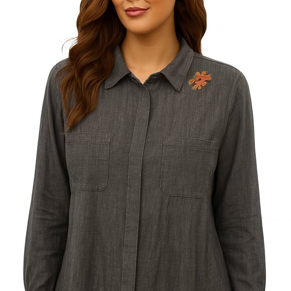 Velvet Heart Womens Gray Button Front Embroidery CountryCore Shirt Size Med NWOT - Picture 2 of 7